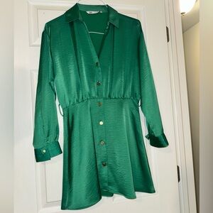 Zara Green Satin Button-Front Dress Shirt